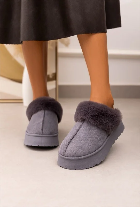 Slippers for night rest -ULTRA MINI PLATFORM FLUFFY FURR ANKLE SLIPPERS IN GREY