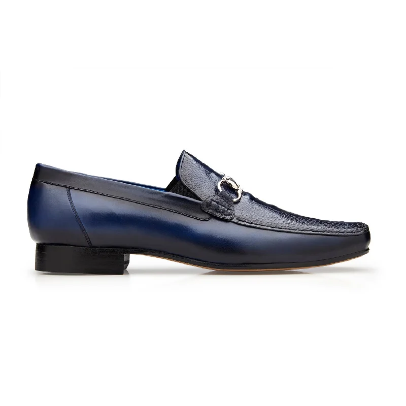 Affordable loafers for hot trips-Belvedere Bruno 1026 Men's Shoes Navy Exotic Ostrich / Calf-Skin Leather Horsebit Split-Toe Loafers (BV3074)