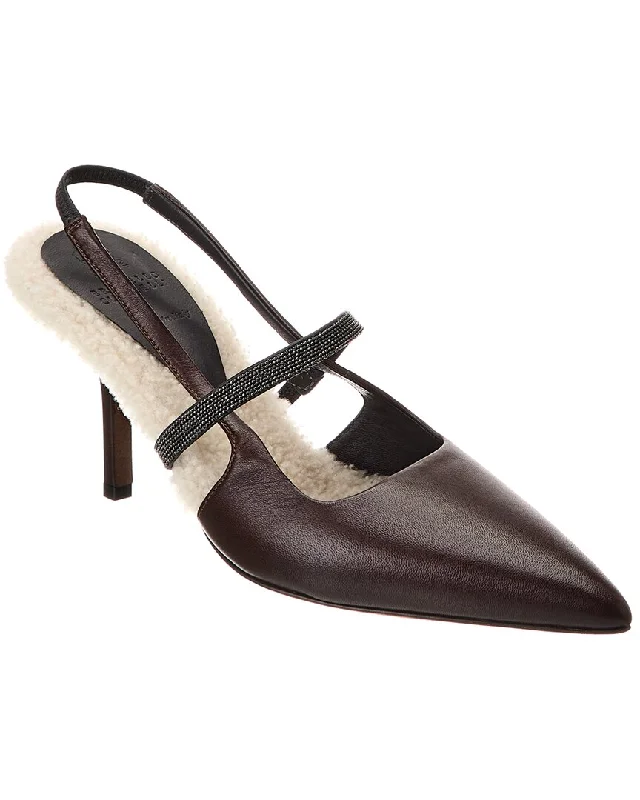 High heels for outdoor evening meals -Brunello Cucinelli Leather & Shearling Slingback Pump