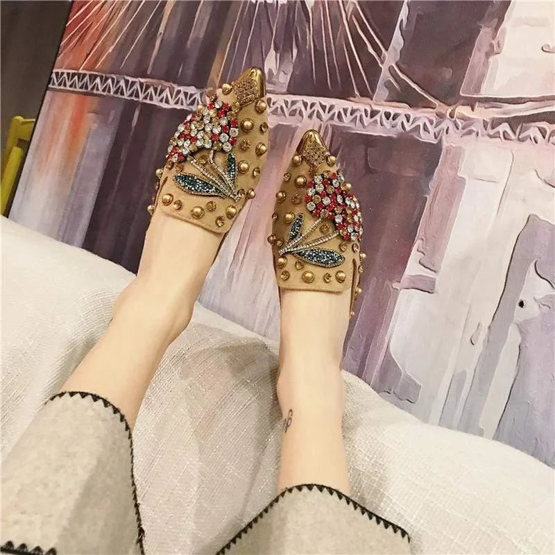 Slippers for rainy day comfort -Women Pointed Toe Crystal Flower Luxury Half Slippers