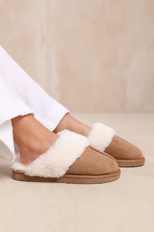 Slippers with soft fabric -LOUNGE SLIP ON SLIPPERS WITH FUR TRIM IN CAMEL SUEDE