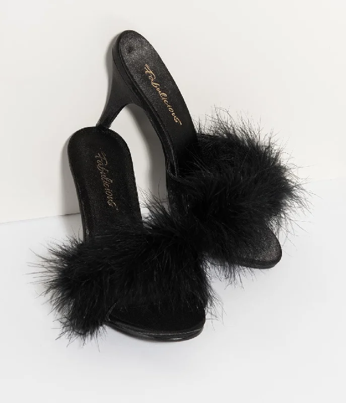 Slippers for simple living -Black Satin & Marabou Feather Peep Toe Amour Heel Slipper