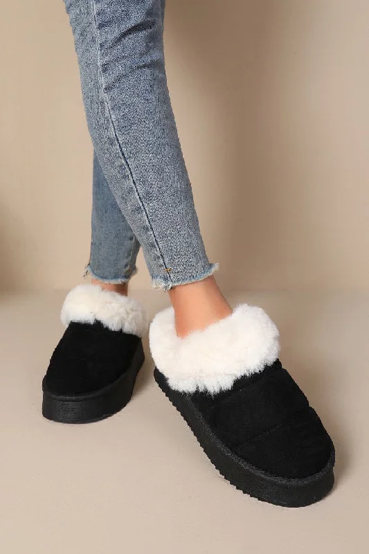 Affordable slippers for deals -BLACK ULTRA MINI PLATFORM FAUX FUR LINED FLUFFY SLIPPERS