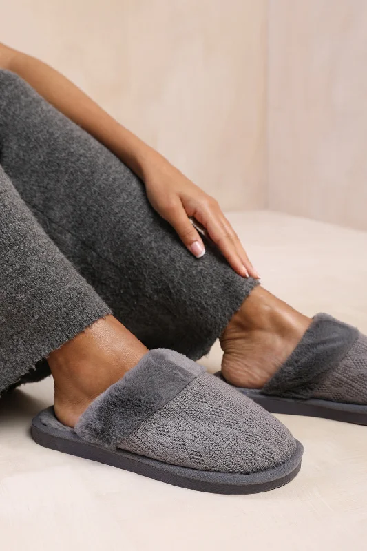 Slippers for brief naps -CUDDLE KNITTED FUR TRIM SLIPPERS IN GREY