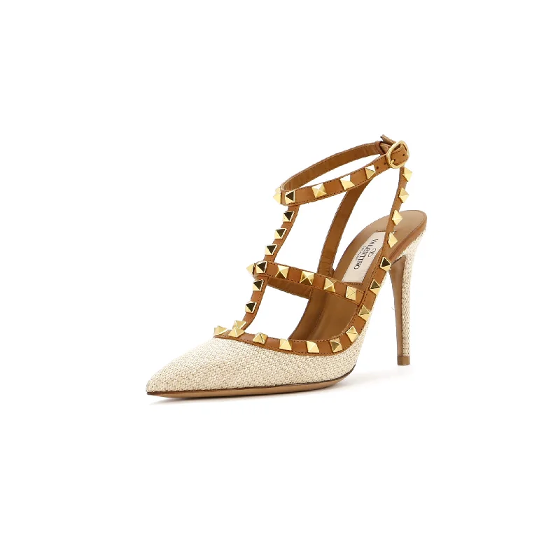 High heels with cushy footbed linings -Women's Rockstud Ankle Strap Pumps Raffia with Leather 100