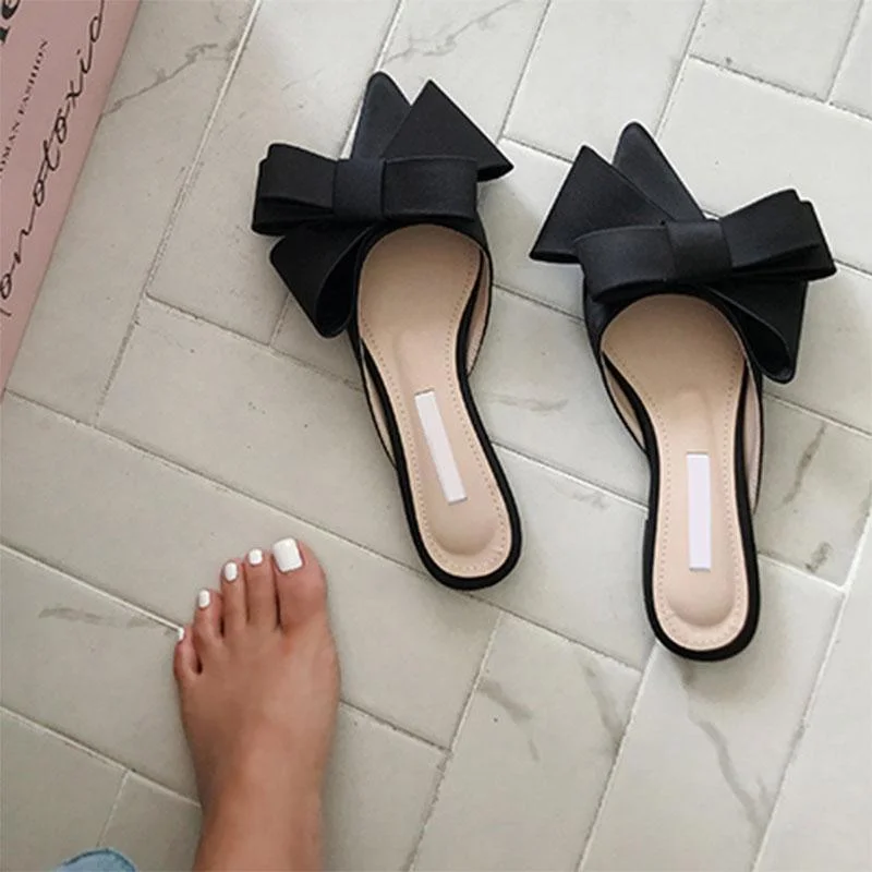 Classic slippers with monogram -Silk Satin Pointed Bow Tie Flats Slippers