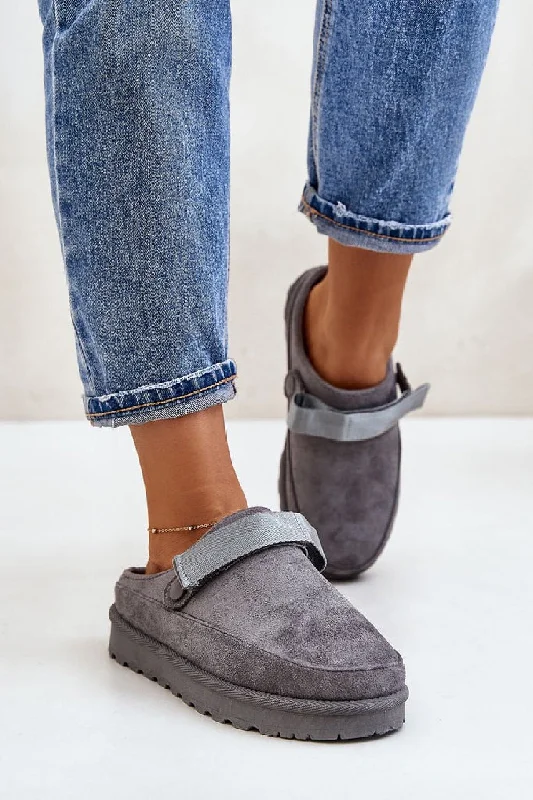 Slippers for cool evenings -GREY FAUX SUEDE STRAPPY CLOGS SLIP ON MULES SLIPPERS