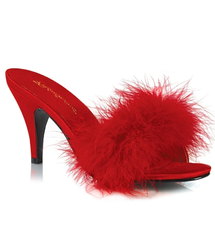 Designer slippers for elegance -Red Satin & Marabou Feather Peep Toe Amour Heel Slipper