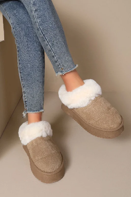 Slippers with worn fabric -KHAKI ULTRA MINI PLATFORM FAUX FUR LINED FLUFFY SLIPPERS