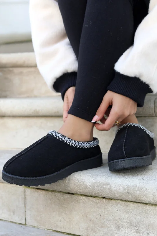 Slippers for laid-back days -BLACK FAUX SUEDE EMBROIDED AZTEC DETAIL COZY FLUFFY SLIPPERS BOOTS BOOTIES