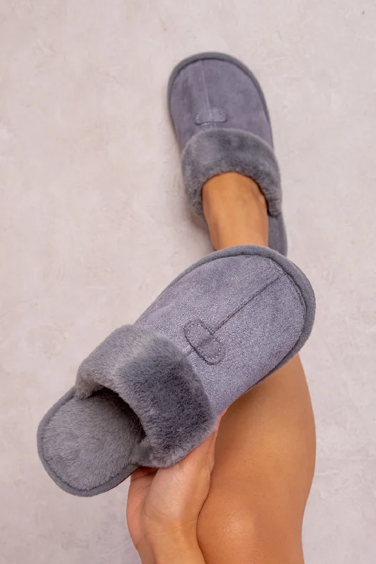 Budget slippers for cheap -FELICITY SLIP ON TEDDY FAUX FUR LINED SLIPPERS IN GREY SUEDE