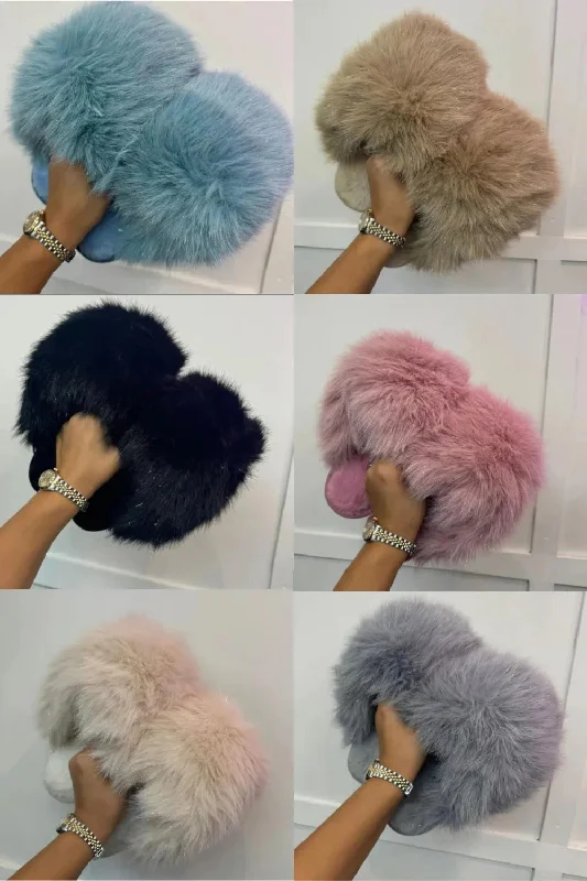 Slippers for casual naps -GLITTER MIXED COLOUR EXTREME OVERSIZED FAUX FUR FLUFFY SLIPPERS (PACK OF 36 PAIRS)