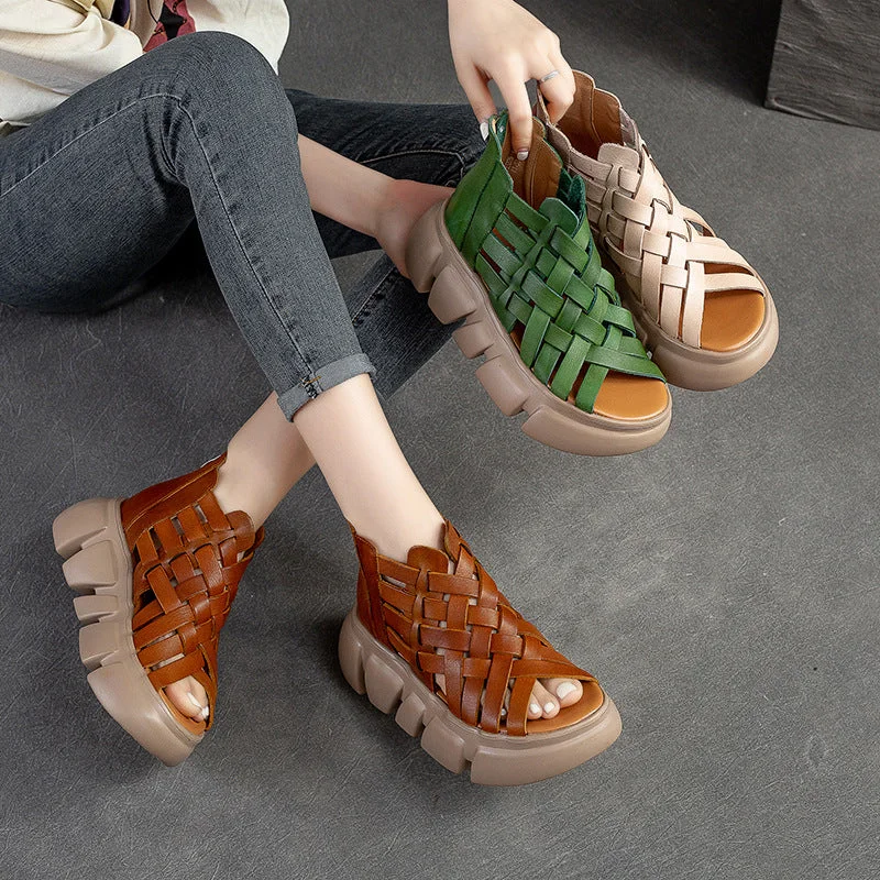 Lightweight sandals for hot nights-Women Summer Plaited Leather Retro Casual Sandals