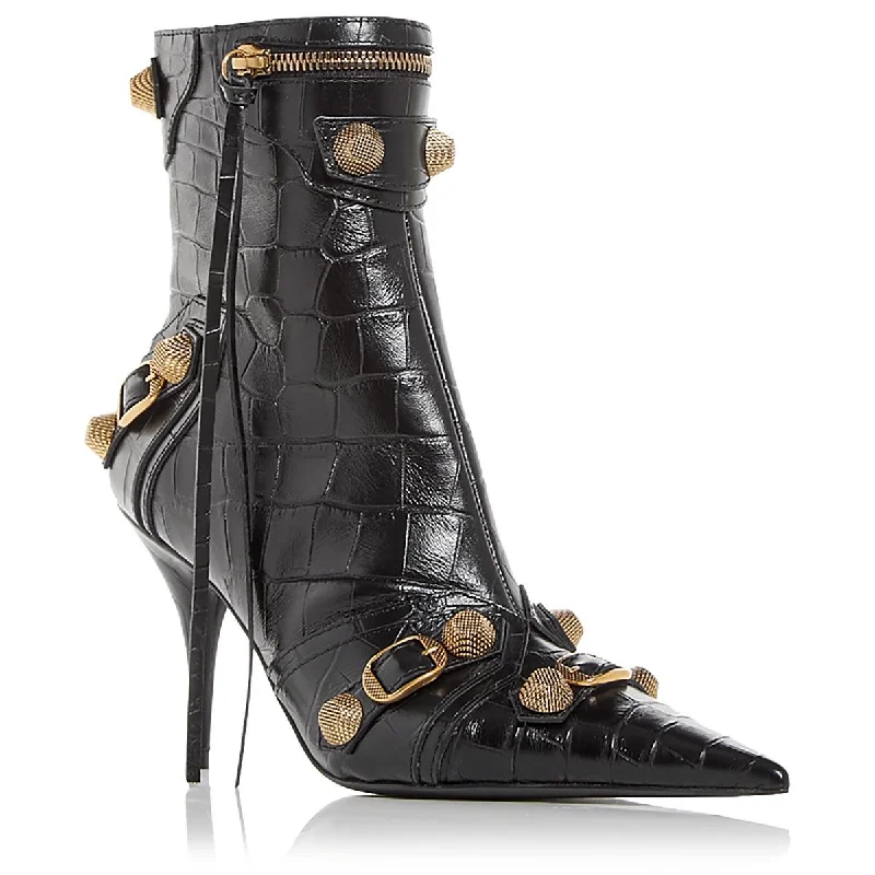 Boots with firm soles -Balenciaga Womens Calgole Leather Crocodile Print Mid-Calf Boots