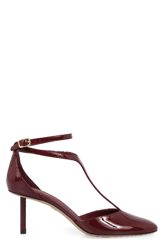 High heels for women with foot soreness -Ferragamo Patent Leather T-Strap Pumps with Adjustable Ankle Strap