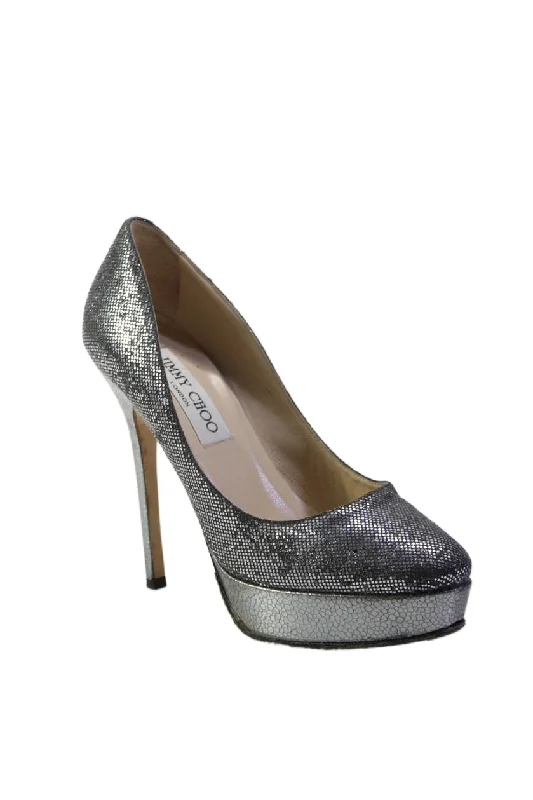 High heels for festive night celebrations -Jimmy Choo Womens Platform Slide On High Heel Pumps Pewter Silver