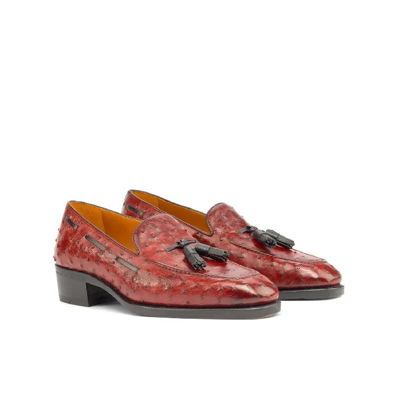 Trendy loafers for spring outfits-Ambrogio Bespoke Men's Shoes Red Exotic Ostrich-Skin Tassels Loafers (AMB2252)