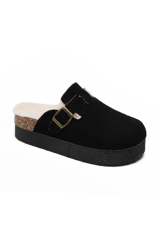 Luxury slippers for events -BLACK CHUNKY FLUFFY INSOLE FLATFORM FAUX SUEDE SLIPPERS WITH BUCKLE