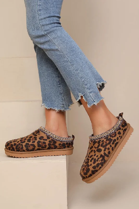 Slippers for evening naps -LEOPARD PRINT FAUX SUEDE EMBROIDERED COZY FLUFFY SLIPPERS BOOTS