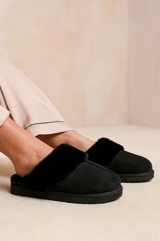 Slippers for earthy vibes -LOUNGE SLIP ON SLIPPERS WITH FUR TRIM IN BLACK SUEDE