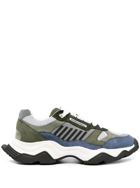 Luxury athletic shoes for events -DSQUARED2 Triple Colour Panelled Sneakers in Luxe Shades of Grey, Blue, and Green - Men's Fashion Item FW23