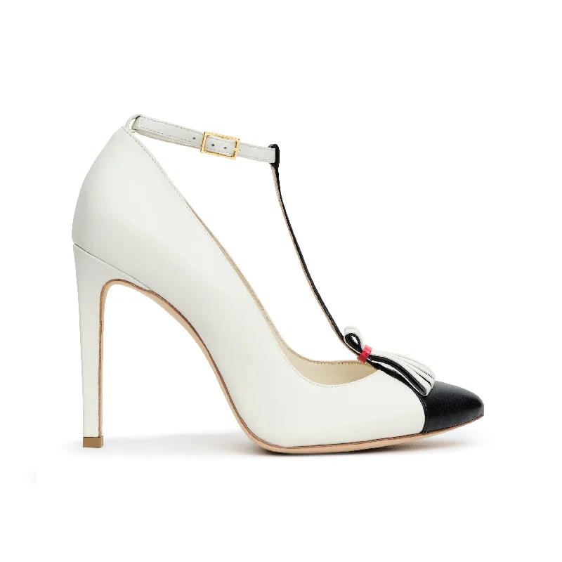 High heels for boho party vibes -Tamron Ankle Strap Pumps in Ivory Black & Red