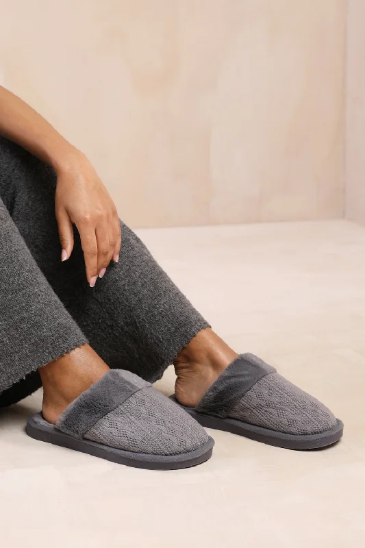 Slip-on slippers for convenience -GREY WOVEN KNITTED TEDDY FAUX FUR SLIPPERS