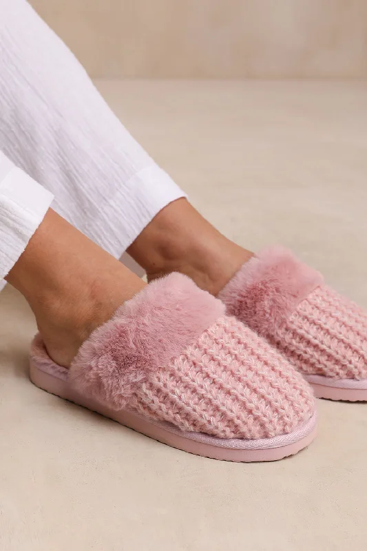 Slippers with vivid hues -COMFORT SLIP ON KNITTED SLIPPERS WITH FUR TRIM IN LIGHT PINK YARN