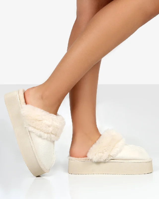 Luxury slippers for birthdays -Cosy Cream Faux Suede Platform Slider Slipper