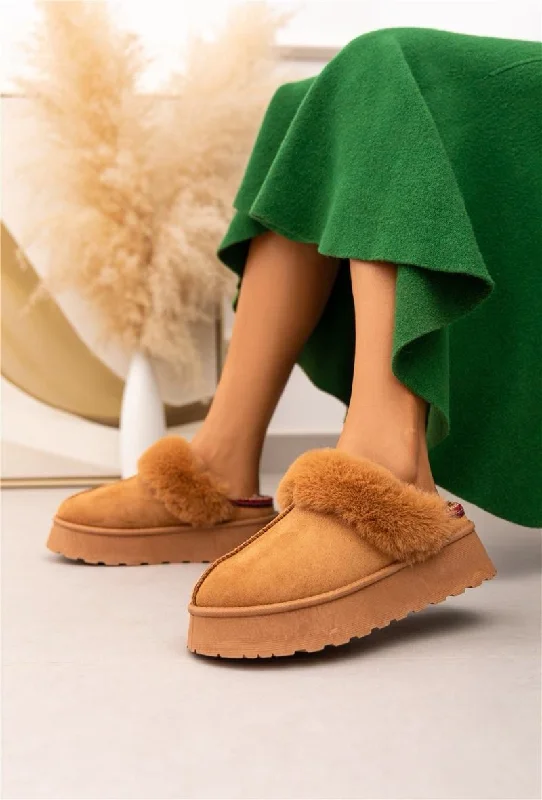 Slippers with tough soles -ULTRA MINI PLATFORM FLUFFY FURR ANKLE SLIPPERS IN CAMEL