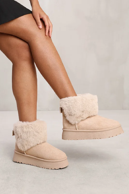 Slippers for damp days -CLARA ANKLE SLIPPER BOOT WITH FAUX FUR LINING AND TRIM IN BEIGE