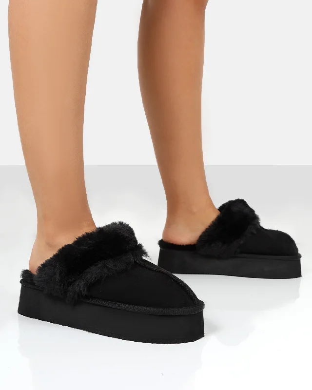 Casual slippers for nap time -Cosy Black Faux Suede Platform Slider Slipper