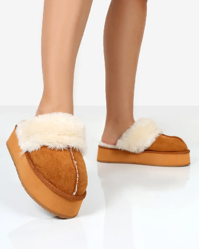 Affordable slippers for resale -Cosy Chestnut Brown Faux Suede Platform Slider Slippers