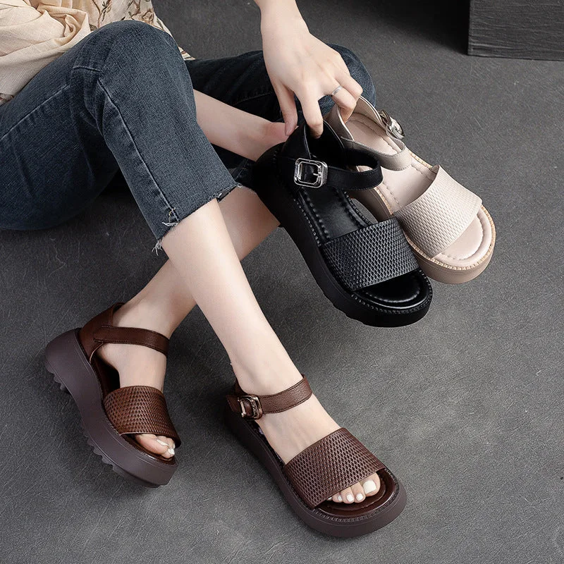 Premium sandals for coastal hikes-Women Retro Solid Leather Summer Platform Sandals