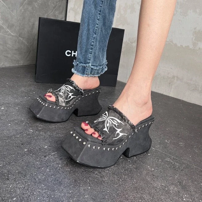 Slip-resistant slippers for safety -Stylish Platform Slides for Women, High Heel Pumps, Black Denim Rivet Heels, Peep Toe Square Head High Heels, Square Toe Platform Slippers