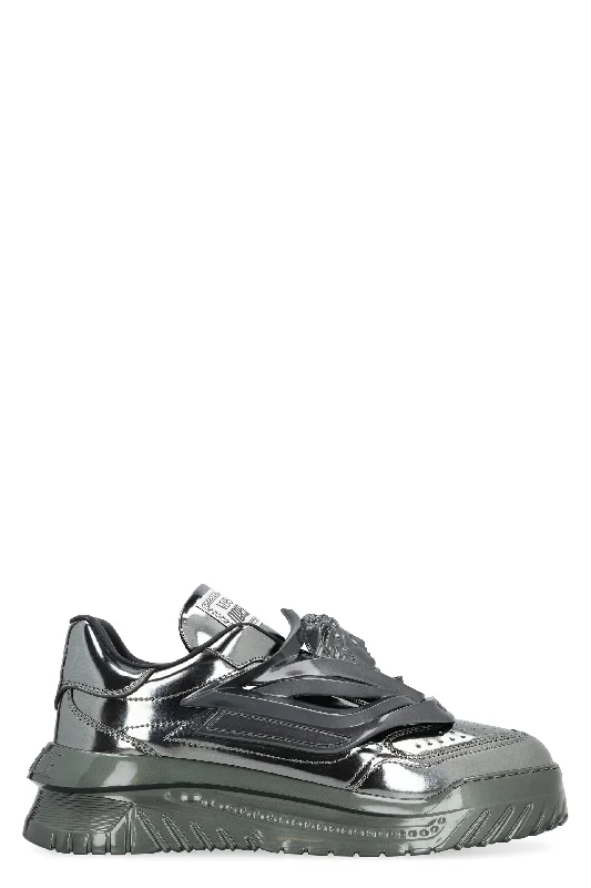 Athletic shoes with tough soles -VERSACE Mens ODISSEA Laminated Leather Sneakers with Medusa Detail and Slip-On Design