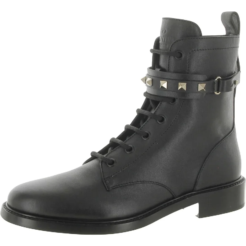 Soft boots for sensitive feet -Valentino Garavani Womens Leather Studded Combat & Lace-Up Boots