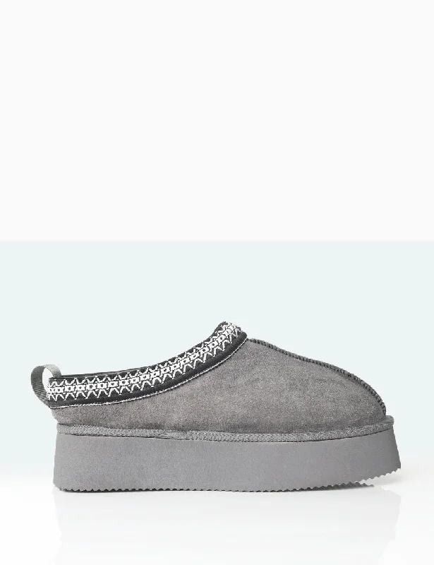 Slip-on slippers for kids -Vixon Charcoal Grey Faux Suede Embroidered Slipper Platform Boots