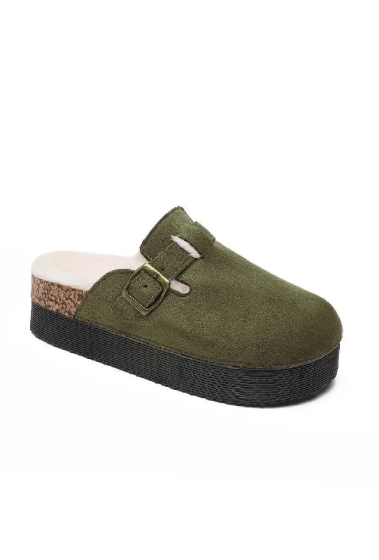 Slippers with non-skid base -GREEN CHUNKY FLUFFY INSOLE FLATFORM FAUX SUEDE SLIPPERS WITH BUCKLE