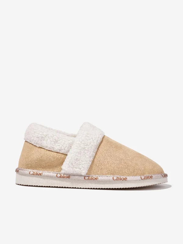 Slippers with sleek design -Chloé Girls Suede Slippers in Beige