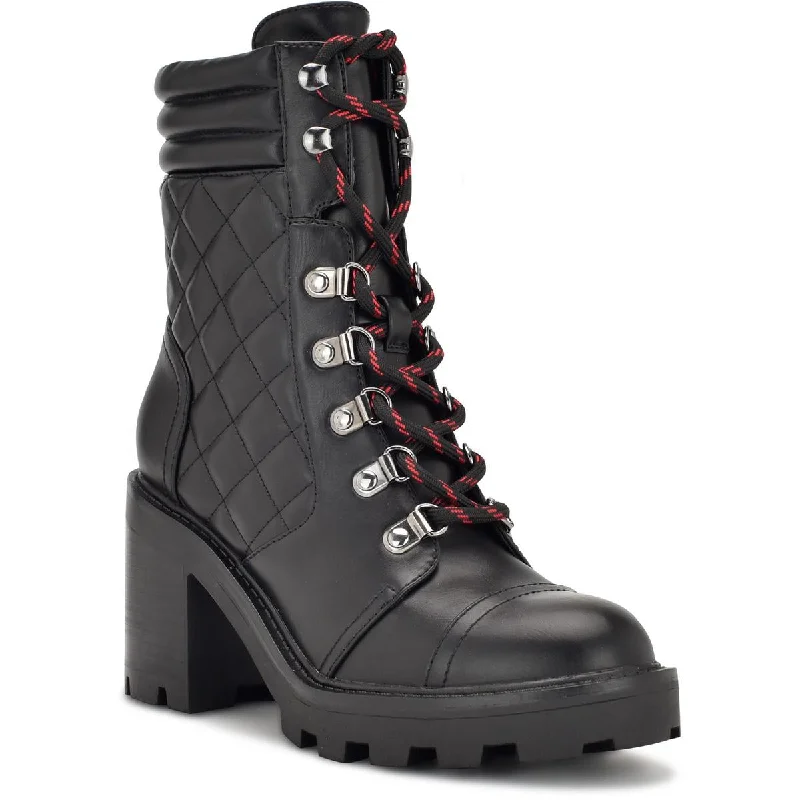 Boots with thick lining -Nine West Womens Unite 3 Block Heel Faux Leather Combat & Lace-Up Boots