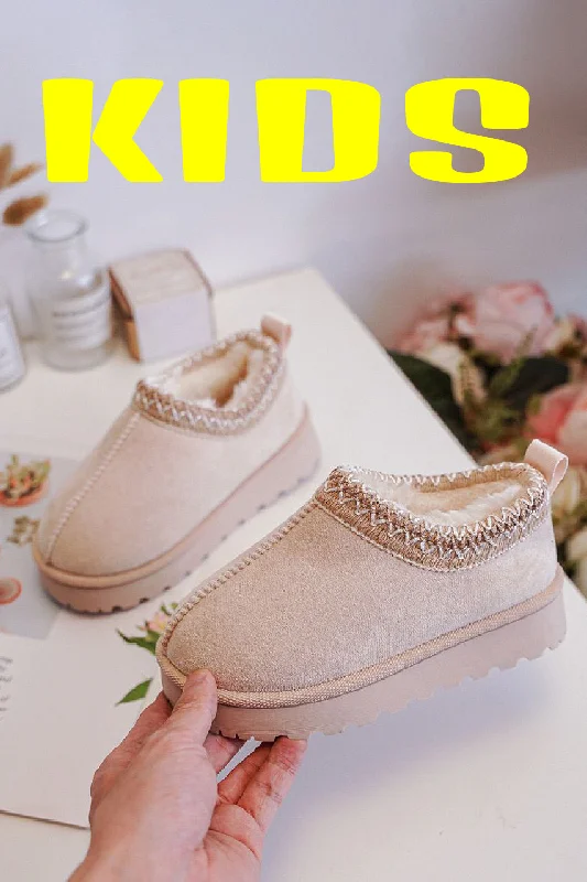 Slippers with padded insoles -KIDS BEIGE EMBROIDED FLUFFY FAUX FUR PLATFORM SLIPPERS 31/36