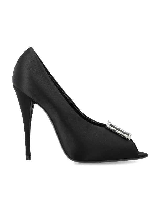 High heels with smooth sleek lines -SAINT LAURENT Satin Crepe Peep Pumps with Stiletto Heel and Rhinestone Detail