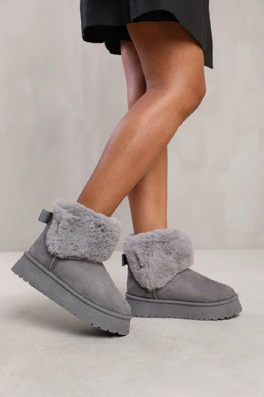 Slippers for eco style -CLARA ANKLE SLIPPER BOOT WITH FAUX FUR LINING AND TRIM IN GREY