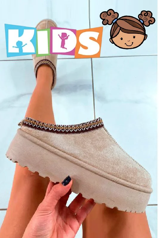 Slippers with colorful accents -KIDS CAMEL EMBROIDED FLUFFY FAUX FUR PLATFORM SLIPPERS 30/35 SIZES