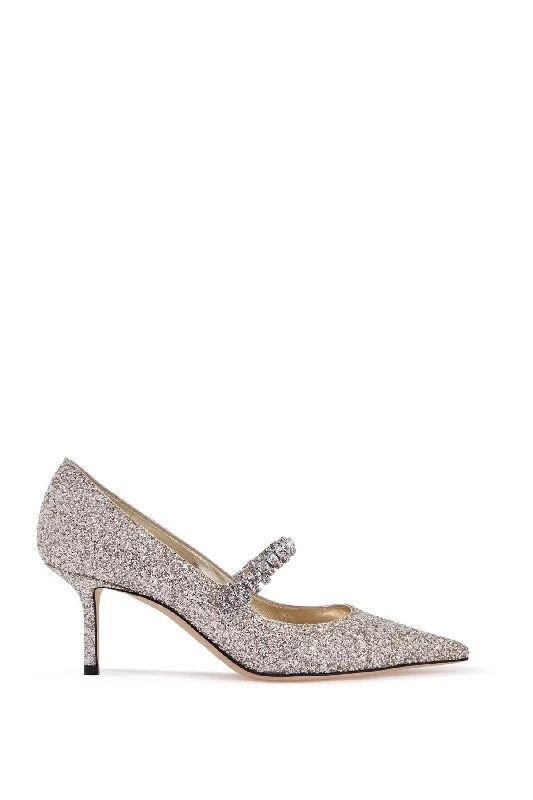 High heels with thick sole padding -JIMMY CHOO Glittery Pumps with Swarovski Crystal Strap - 65