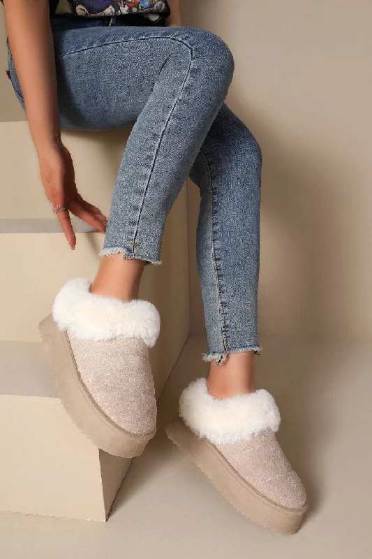 Slippers with grip soles -BEIGE ULTRA MINI PLATFORM FAUX FUR LINED FLUFFY SLIPPERS