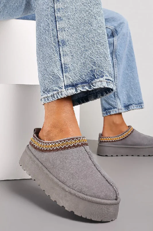 Slippers for home offices -GREY EMBROIDED FLUFFY PLATFORM SLIPPERS AZTEC DETAIL FAUX FUR LINED ANKLE BOOTS