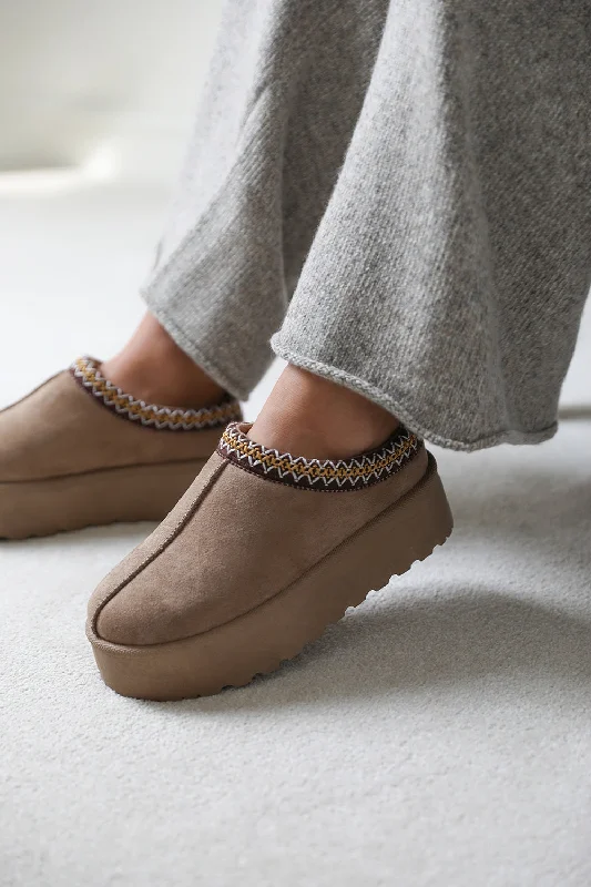 Slippers for cool nights -ALLEGRA FLATFORM EMBROIDERED LOW ANKLE SLIPPER BOOTS IN CAMEL SUEDE