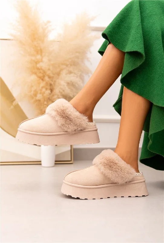 Slippers for indoor chill -ULTRA MINI PLATFORM FLUFFY FURR ANKLE SLIPPERS IN BEIGE